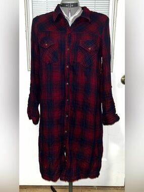 Red and Navy Plaid Button-Down Tunic